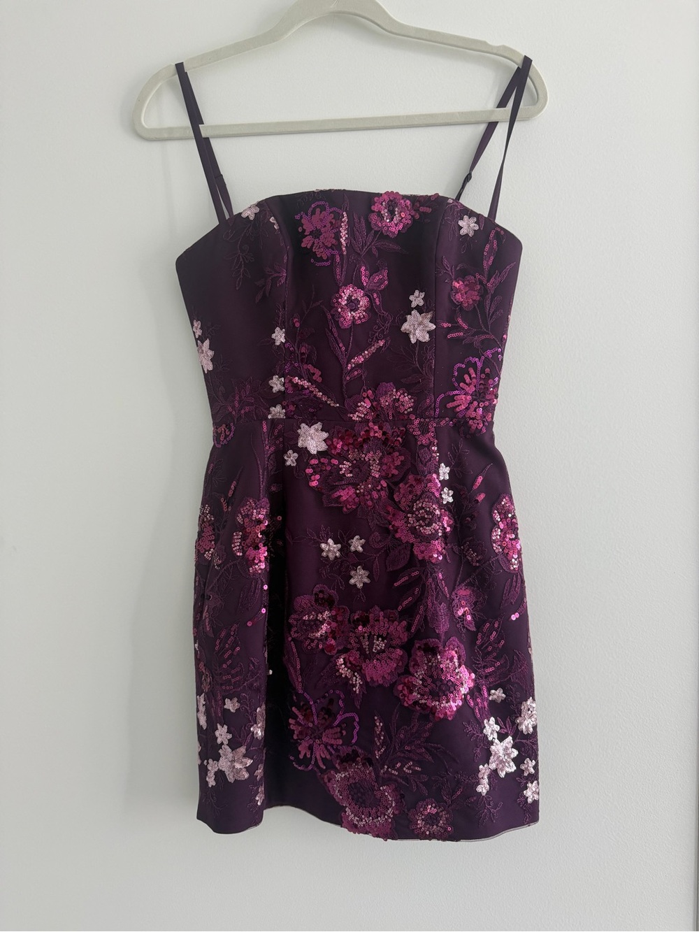 Embroidered Strapless Mini Dress in Plum with Pink Floral Accents